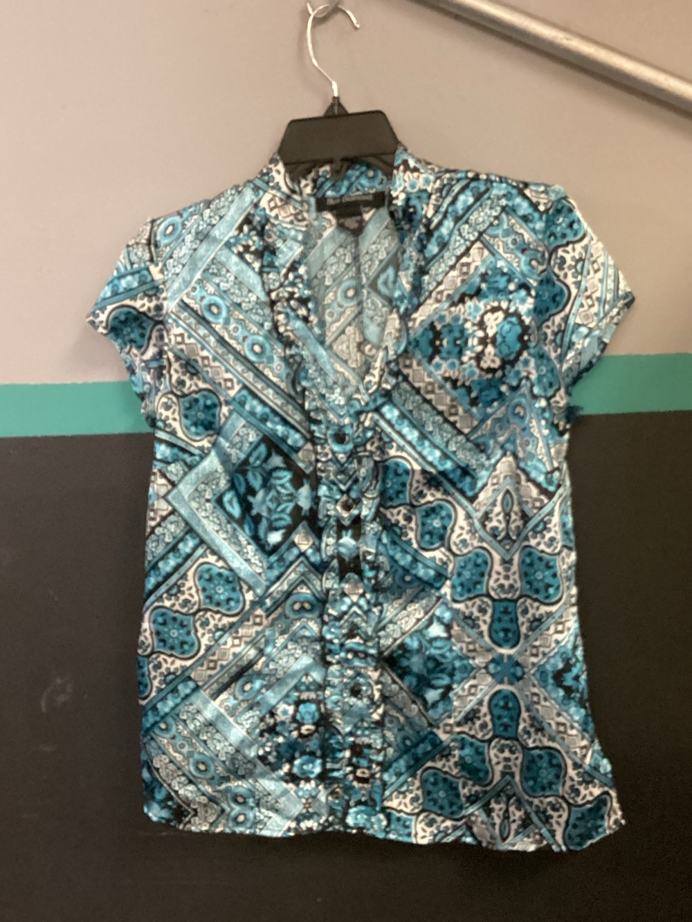 Women's Blue Geo Print Button-Down Blouse with Ruffle Placket